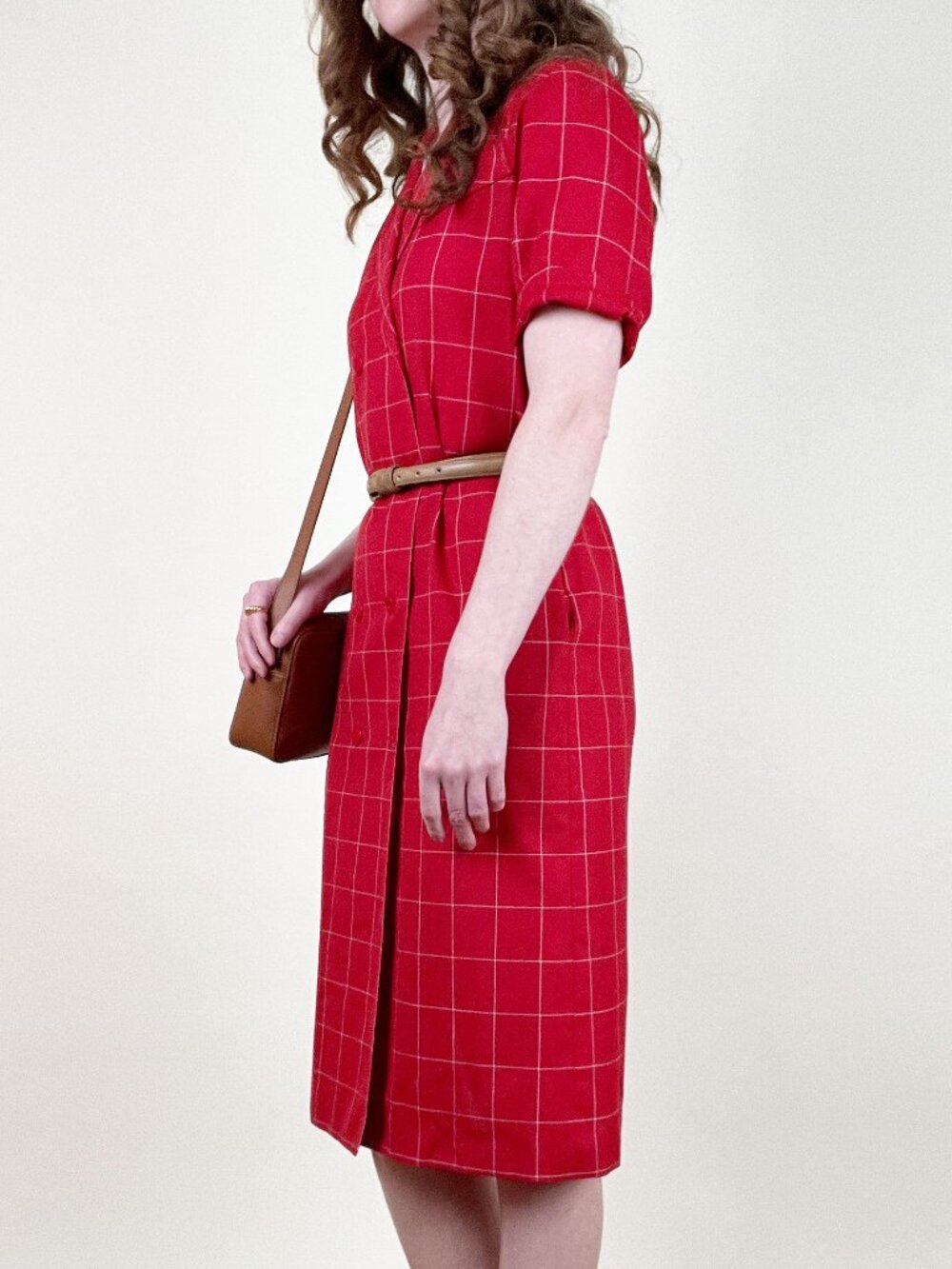 Vintage 90s French Midi Dress Double Breasted Plaid Check Print Office Work Wear - Picture 6 of 10